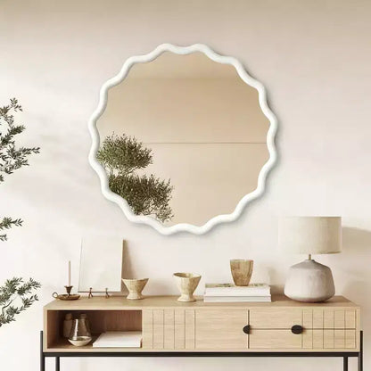 Whisen 36 Wavy Round Decorative Mirror, Solid Wood Frame, Entryway