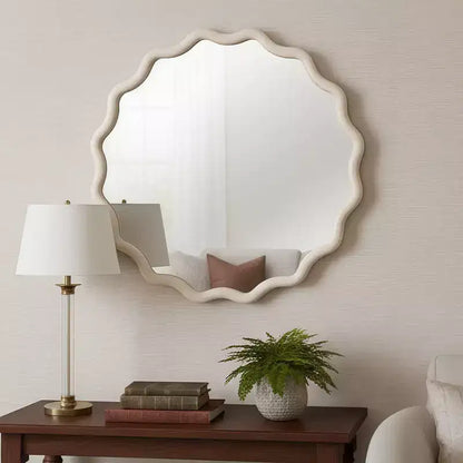 Whisen 36 Wavy Round Decorative Mirror, Solid Wood Frame, Entryway