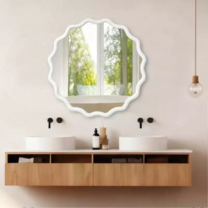 Whisen 36 Wavy Round Decorative Mirror, Solid Wood Frame, Entryway