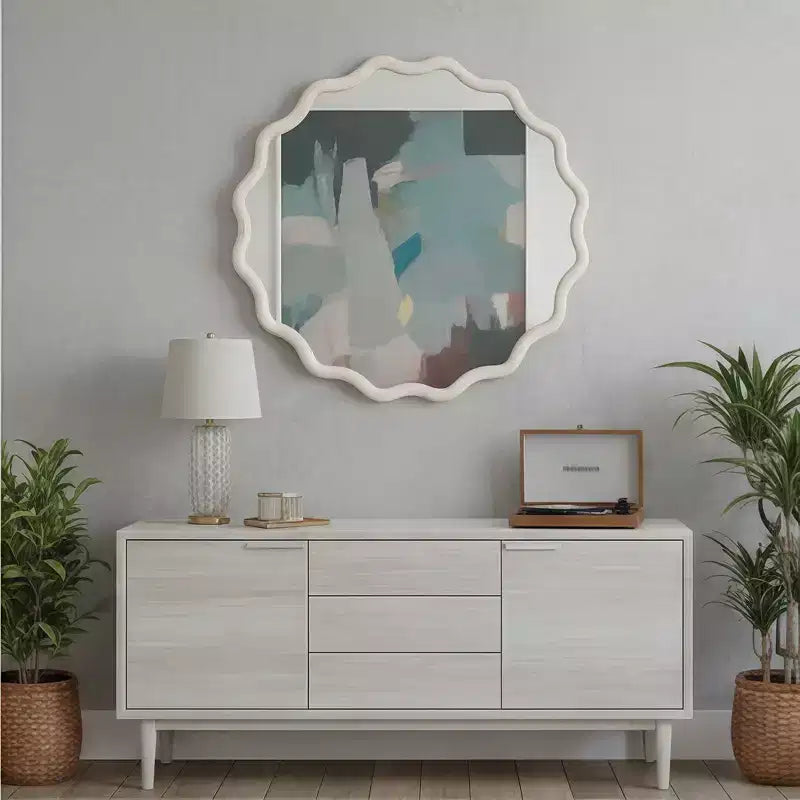 Whisen 36 Wavy Round Decorative Mirror, Solid Wood Frame, Entryway