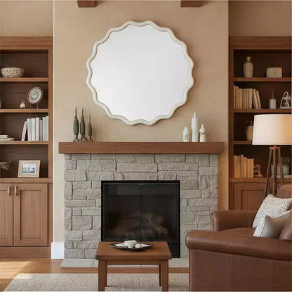 Whisen 36 Wavy Round Decorative Mirror, Solid Wood Frame, Entryway