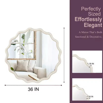 Whisen 36 Wavy Round Decorative Mirror, Solid Wood Frame, Entryway