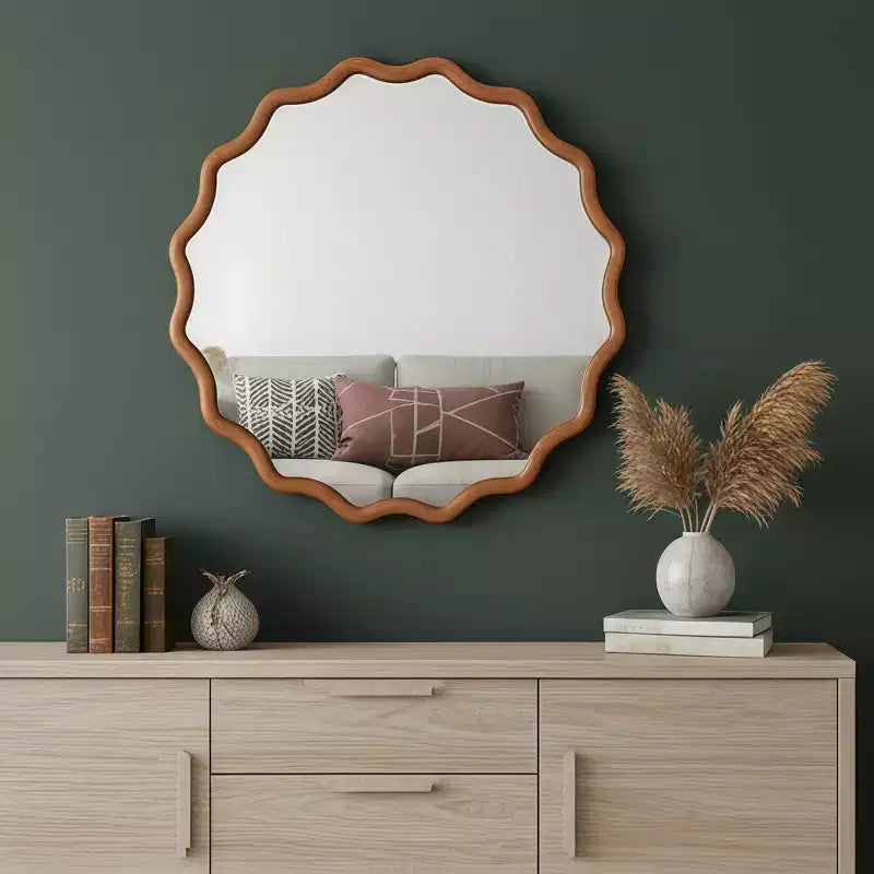 Whisen 36 Wavy Round Decorative Mirror, Solid Wood Frame, Entryway