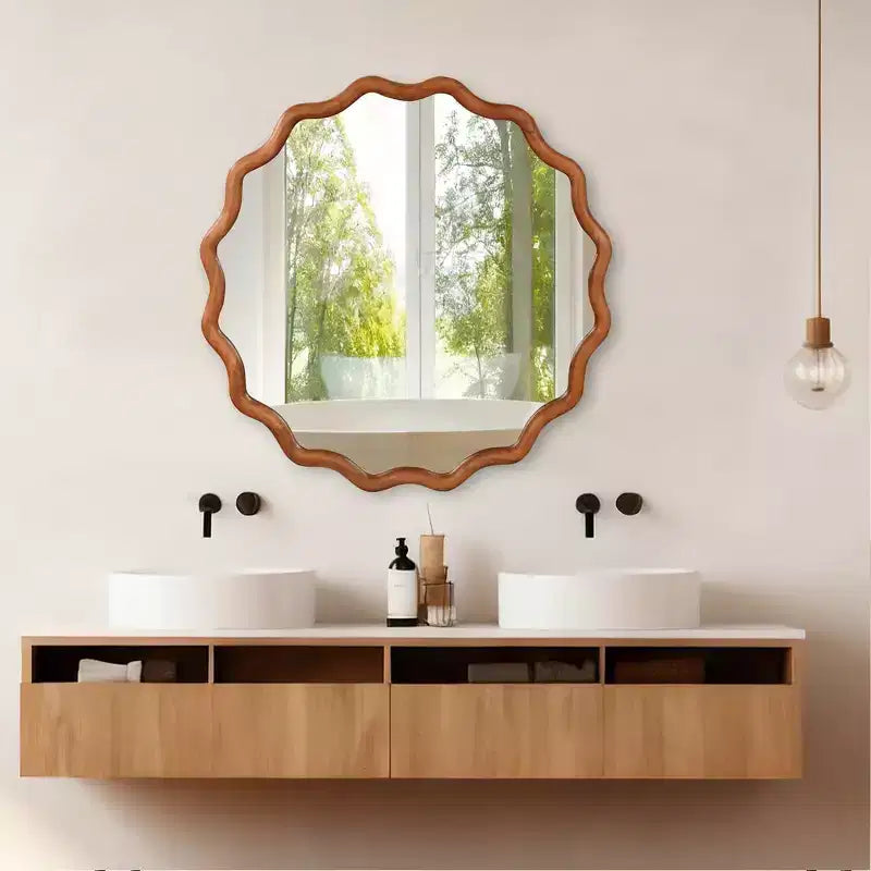 Whisen 36 Wavy Round Decorative Mirror, Solid Wood Frame, Entryway