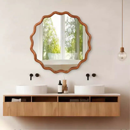 Whisen 36 Wavy Round Decorative Mirror, Solid Wood Frame, Entryway