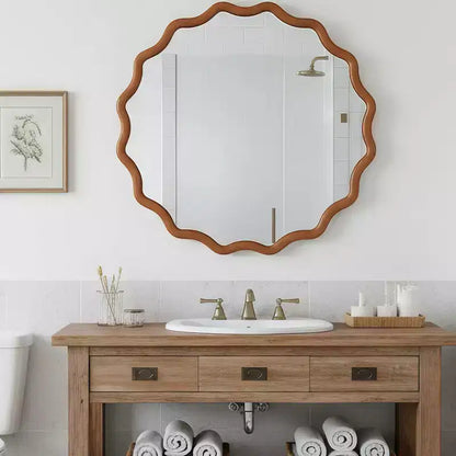 Whisen 36 Wavy Round Decorative Mirror, Solid Wood Frame, Entryway