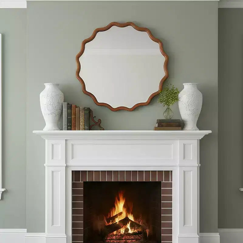 Whisen 36 Wavy Round Decorative Mirror, Solid Wood Frame, Entryway