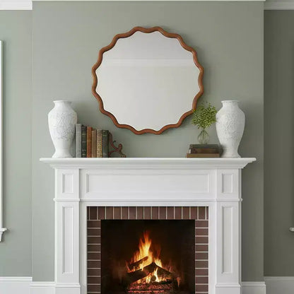 Whisen 36 Wavy Round Decorative Mirror, Solid Wood Frame, Entryway