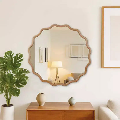 Whisen 36 Wavy Round Decorative Mirror, Solid Wood Frame, Entryway