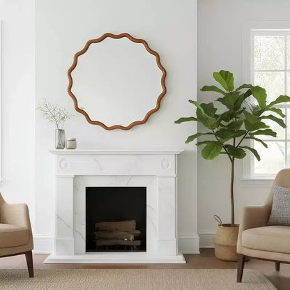 Whisen 36 Wavy Round Decorative Mirror, Solid Wood Frame, Entryway
