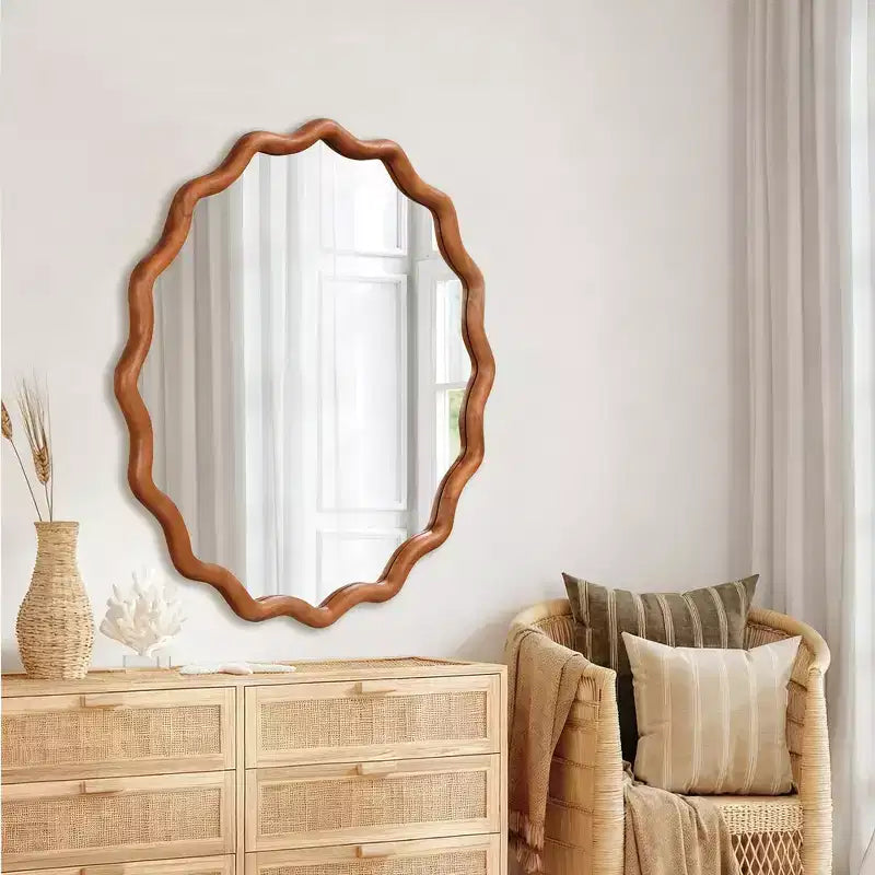 Whisen 36 Wavy Round Decorative Mirror, Solid Wood Frame, Entryway