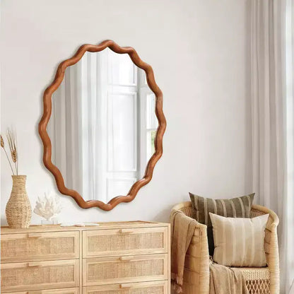 Whisen 36 Wavy Round Decorative Mirror, Solid Wood Frame, Entryway