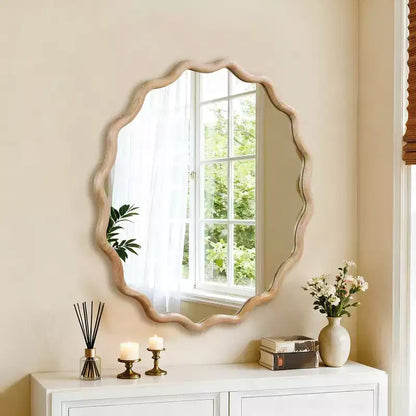 Whisen 36 Wavy Round Decorative Mirror, Solid Wood Frame, Entryway