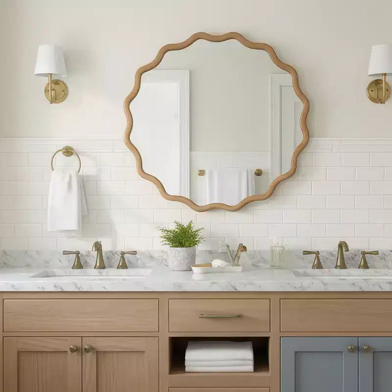 Whisen 36 Wavy Round Decorative Mirror, Solid Wood Frame, Entryway