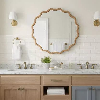 Whisen 36 Wavy Round Decorative Mirror, Solid Wood Frame, Entryway