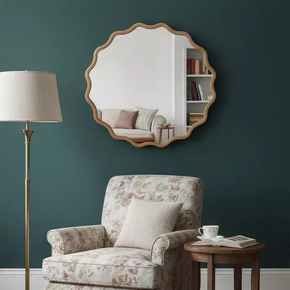 Whisen 36 Wavy Round Decorative Mirror, Solid Wood Frame, Entryway