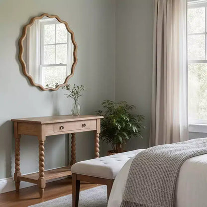 Whisen 36 Wavy Round Decorative Mirror, Solid Wood Frame, Entryway