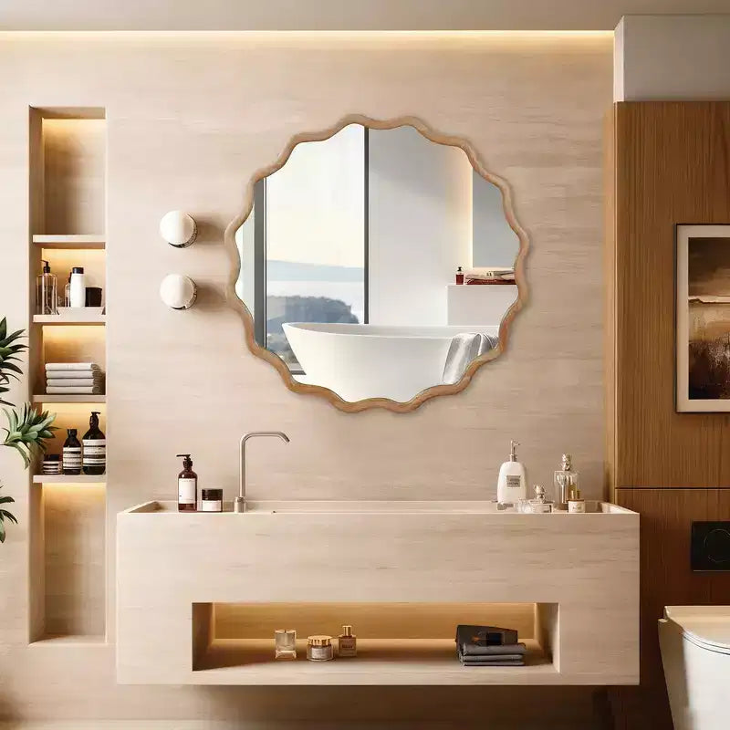 Whisen 36 Wavy Round Decorative Mirror, Solid Wood Frame, Entryway