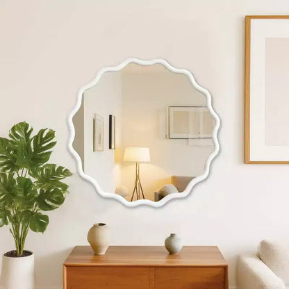 Whisen 36 Wavy Round Decorative Mirror, Solid Wood Frame, Entryway