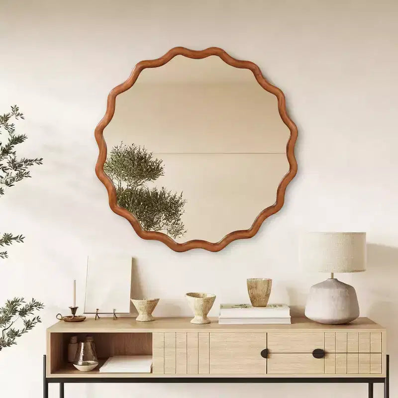 Whisen 36 Wavy Round Decorative Mirror, Solid Wood Frame, Entryway