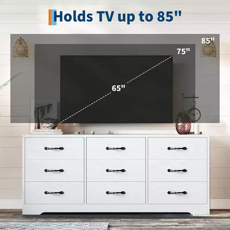 9-Drawer TV Stand with Integrated TV Area, Large Storage Console for Flat Screen TVs up to 85 Inch, Multi-Functional Media Center for Living Room