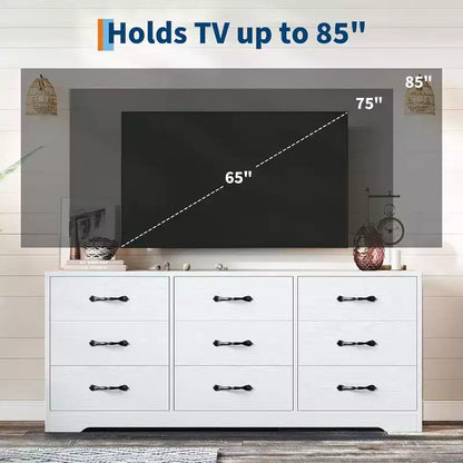 9-Drawer TV Stand with Integrated TV Area, Large Storage Console for Flat Screen TVs up to 85 Inch, Multi-Functional Media Center for Living Room