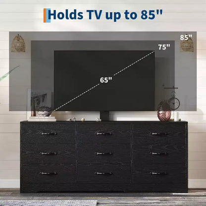 9-Drawer TV Stand with Integrated TV Area, Large Storage Console for Flat Screen TVs up to 85 Inch, Multi-Functional Media Center for Living Room