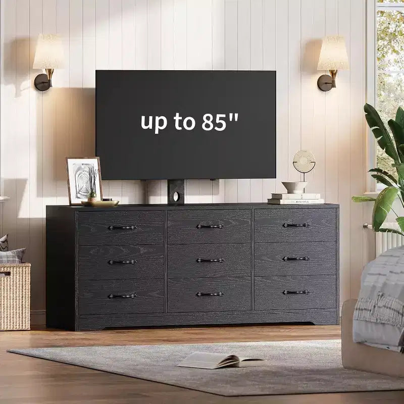 9-Drawer TV Stand with Integrated TV Area, Large Storage Console for Flat Screen TVs up to 85 Inch, Multi-Functional Media Center for Living Room