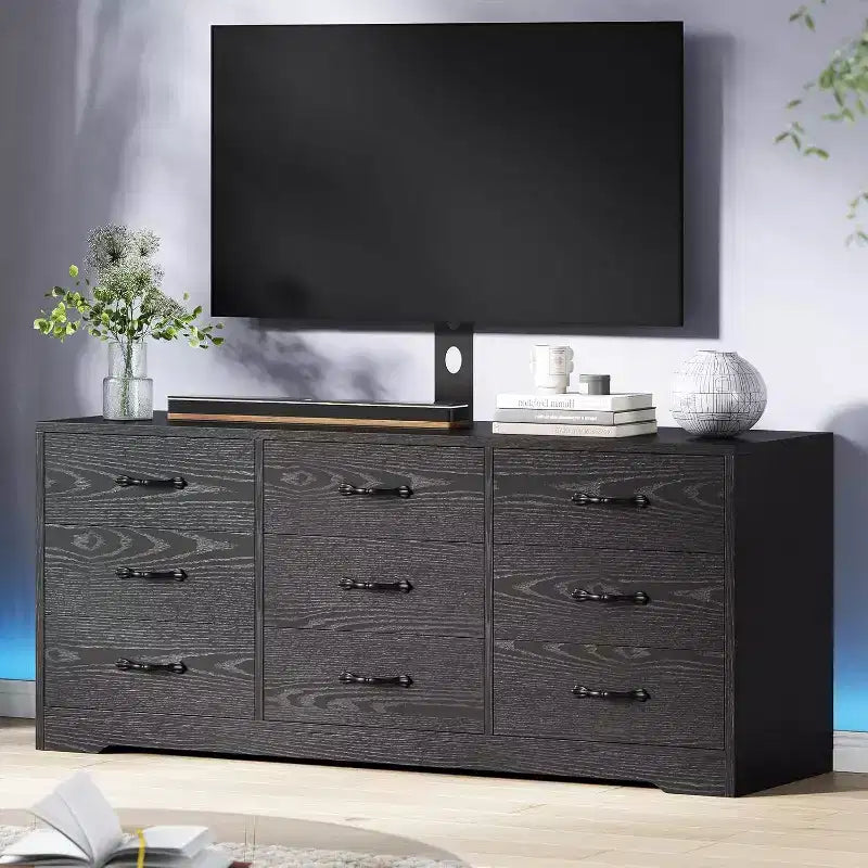 9-Drawer TV Stand with Integrated TV Area, Large Storage Console for Flat Screen TVs up to 85 Inch, Multi-Functional Media Center for Living Room