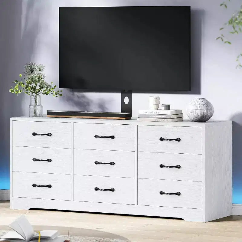 9-Drawer TV Stand with Integrated TV Area, Large Storage Console for Flat Screen TVs up to 85 Inch, Multi-Functional Media Center for Living Room