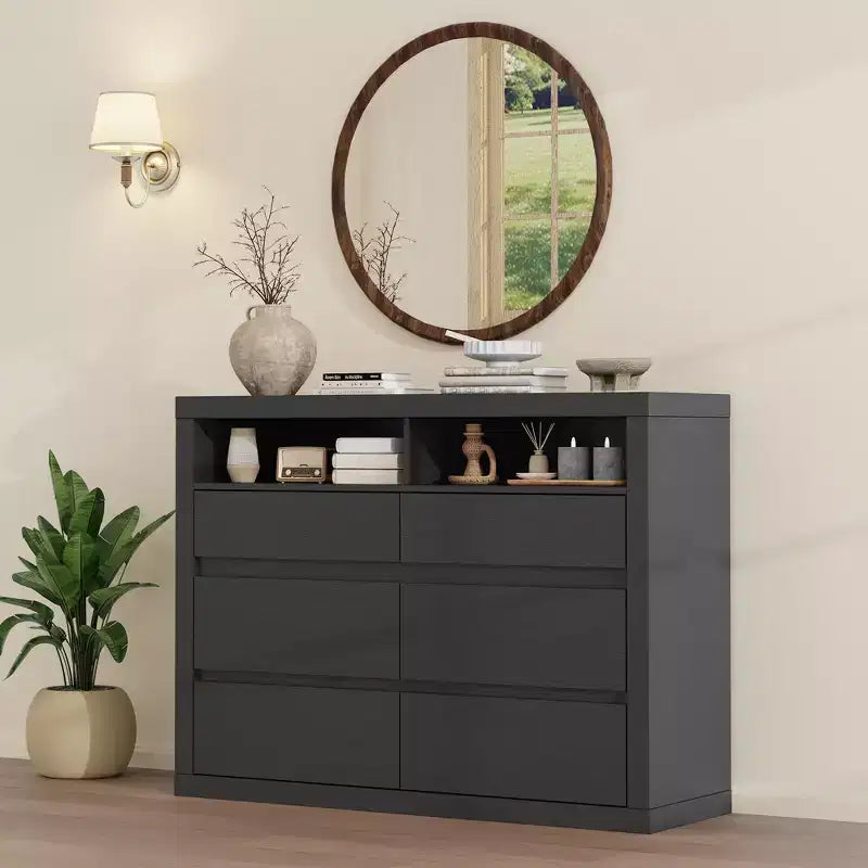 6 Drawer Dresser for Bedroom, Modern Mid Century Chest of Drawers with 2 Open Shelves, 47 Wide Wooden Double Dresser TV Stand for Closet, Living Room