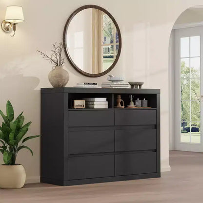 6 Drawer Dresser for Bedroom, Modern Mid Century Chest of Drawers with 2 Open Shelves, 47 Wide Wooden Double Dresser TV Stand for Closet, Living Room