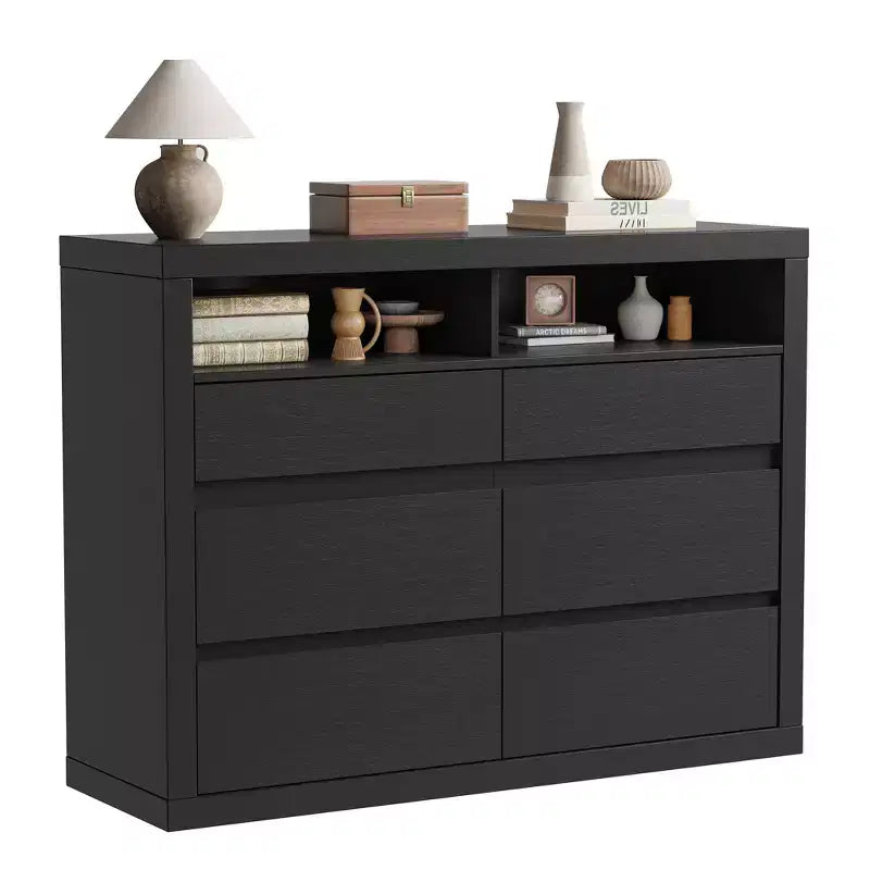 6 Drawer Dresser for Bedroom, Modern Mid Century Chest of Drawers with 2 Open Shelves, 47 Wide Wooden Double Dresser TV Stand for Closet, Living Room
