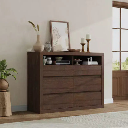 6 Drawer Dresser for Bedroom, Modern Mid Century Chest of Drawers with 2 Open Shelves, 47 Wide Wooden Double Dresser TV Stand for Closet, Living Room