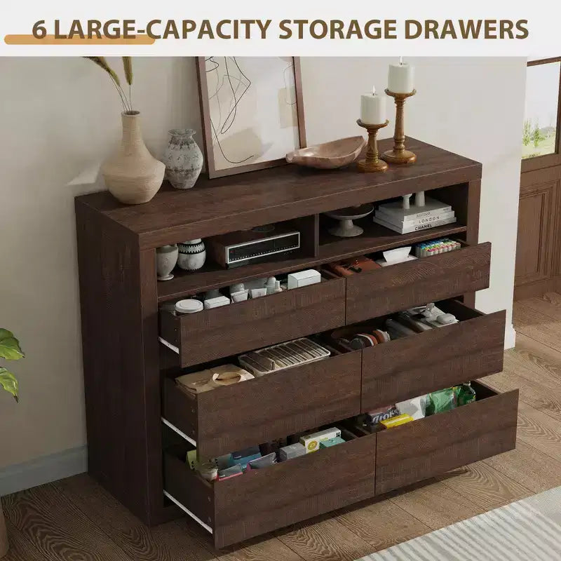 6 Drawer Dresser for Bedroom, Modern Mid Century Chest of Drawers with 2 Open Shelves, 47 Wide Wooden Double Dresser TV Stand for Closet, Living Room