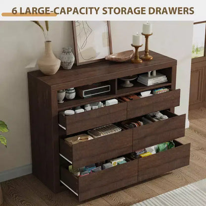 6 Drawer Dresser for Bedroom, Modern Mid Century Chest of Drawers with 2 Open Shelves, 47 Wide Wooden Double Dresser TV Stand for Closet, Living Room
