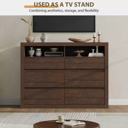 6 Drawer Dresser for Bedroom, Modern Mid Century Chest of Drawers with 2 Open Shelves, 47 Wide Wooden Double Dresser TV Stand for Closet, Living Room