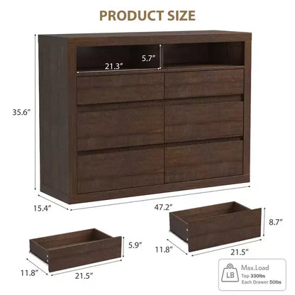 6 Drawer Dresser for Bedroom, Modern Mid Century Chest of Drawers with 2 Open Shelves, 47 Wide Wooden Double Dresser TV Stand for Closet, Living Room