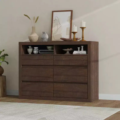 6 Drawer Dresser for Bedroom, Modern Mid Century Chest of Drawers with 2 Open Shelves, 47 Wide Wooden Double Dresser TV Stand for Closet, Living Room