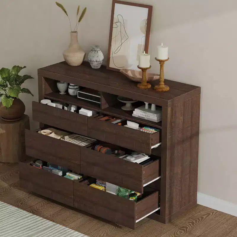 6 Drawer Dresser for Bedroom, Modern Mid Century Chest of Drawers with 2 Open Shelves, 47 Wide Wooden Double Dresser TV Stand for Closet, Living Room