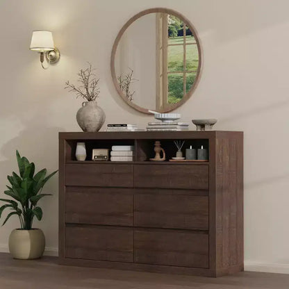 6 Drawer Dresser for Bedroom, Modern Mid Century Chest of Drawers with 2 Open Shelves, 47 Wide Wooden Double Dresser TV Stand for Closet, Living Room