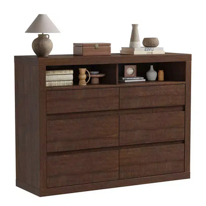 6 Drawer Dresser for Bedroom, Modern Mid Century Chest of Drawers with 2 Open Shelves, 47 Wide Wooden Double Dresser TV Stand for Closet, Living Room