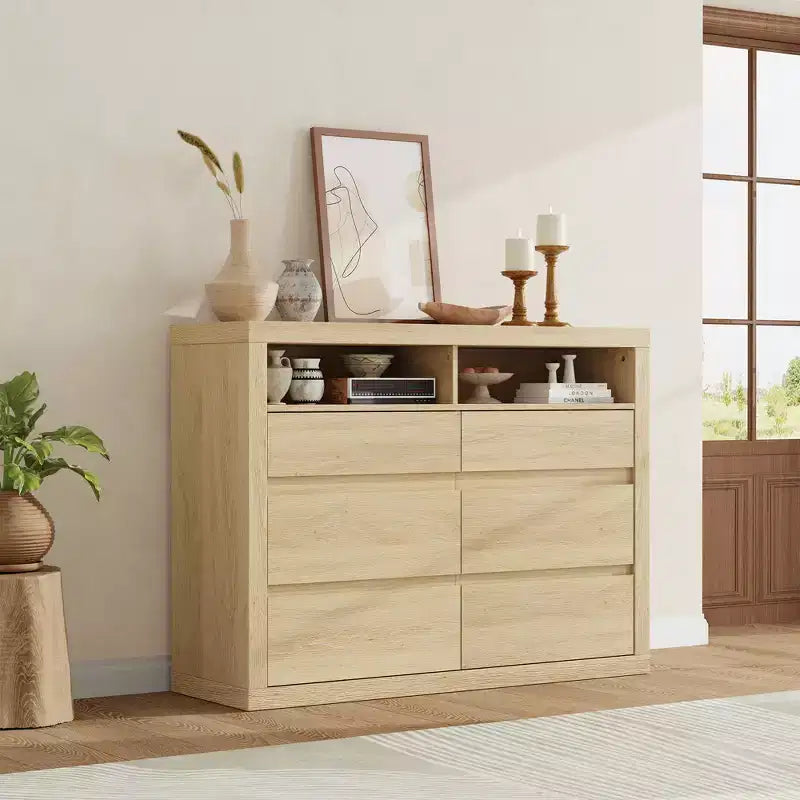 6 Drawer Dresser for Bedroom, Modern Mid Century Chest of Drawers with 2 Open Shelves, 47 Wide Wooden Double Dresser TV Stand for Closet, Living Room