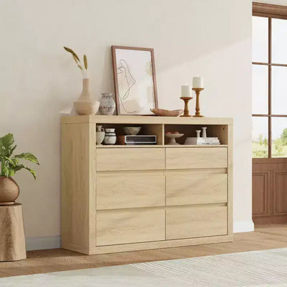6 Drawer Dresser for Bedroom, Modern Mid Century Chest of Drawers with 2 Open Shelves, 47 Wide Wooden Double Dresser TV Stand for Closet, Living Room