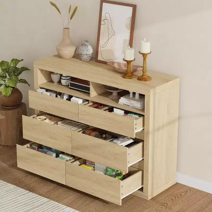 6 Drawer Dresser for Bedroom, Modern Mid Century Chest of Drawers with 2 Open Shelves, 47 Wide Wooden Double Dresser TV Stand for Closet, Living Room