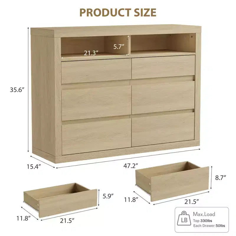 6 Drawer Dresser for Bedroom, Modern Mid Century Chest of Drawers with 2 Open Shelves, 47 Wide Wooden Double Dresser TV Stand for Closet, Living Room