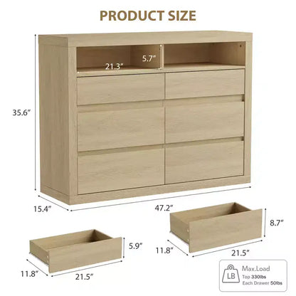 6 Drawer Dresser for Bedroom, Modern Mid Century Chest of Drawers with 2 Open Shelves, 47 Wide Wooden Double Dresser TV Stand for Closet, Living Room
