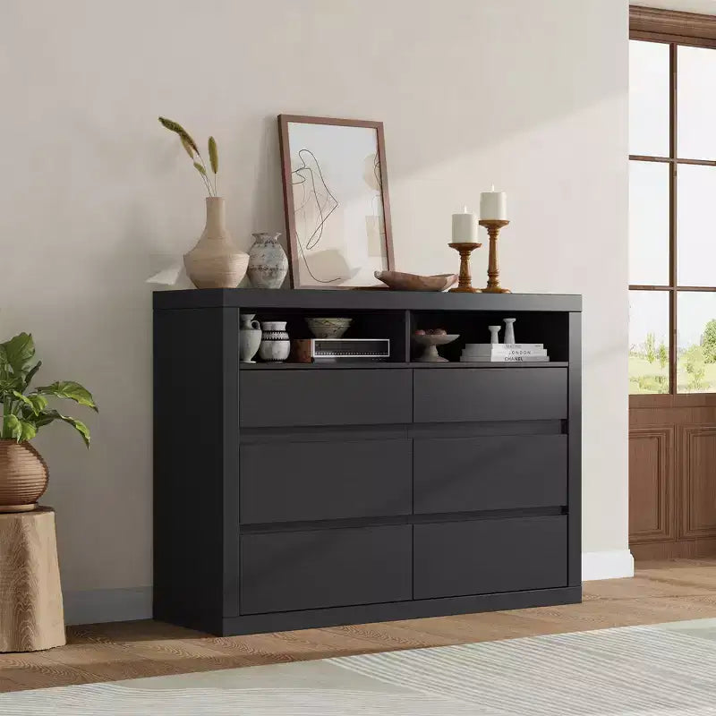 6 Drawer Dresser for Bedroom, Modern Mid Century Chest of Drawers with 2 Open Shelves, 47 Wide Wooden Double Dresser TV Stand for Closet, Living Room