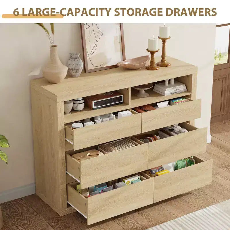 6 Drawer Dresser for Bedroom, Modern Mid Century Chest of Drawers with 2 Open Shelves, 47 Wide Wooden Double Dresser TV Stand for Closet, Living Room
