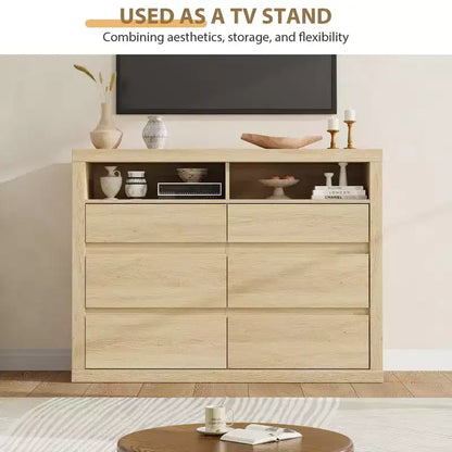 6 Drawer Dresser for Bedroom, Modern Mid Century Chest of Drawers with 2 Open Shelves, 47 Wide Wooden Double Dresser TV Stand for Closet, Living Room